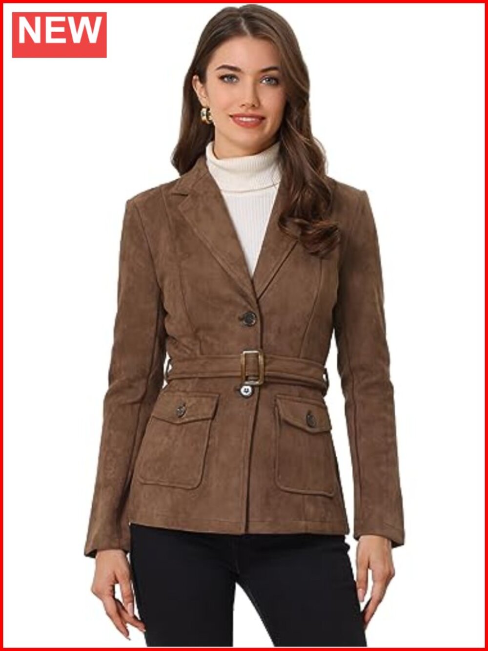 Women's Faux Suede Belted Blazer Suit Jacket Notched Lapel Pockets Work Office
